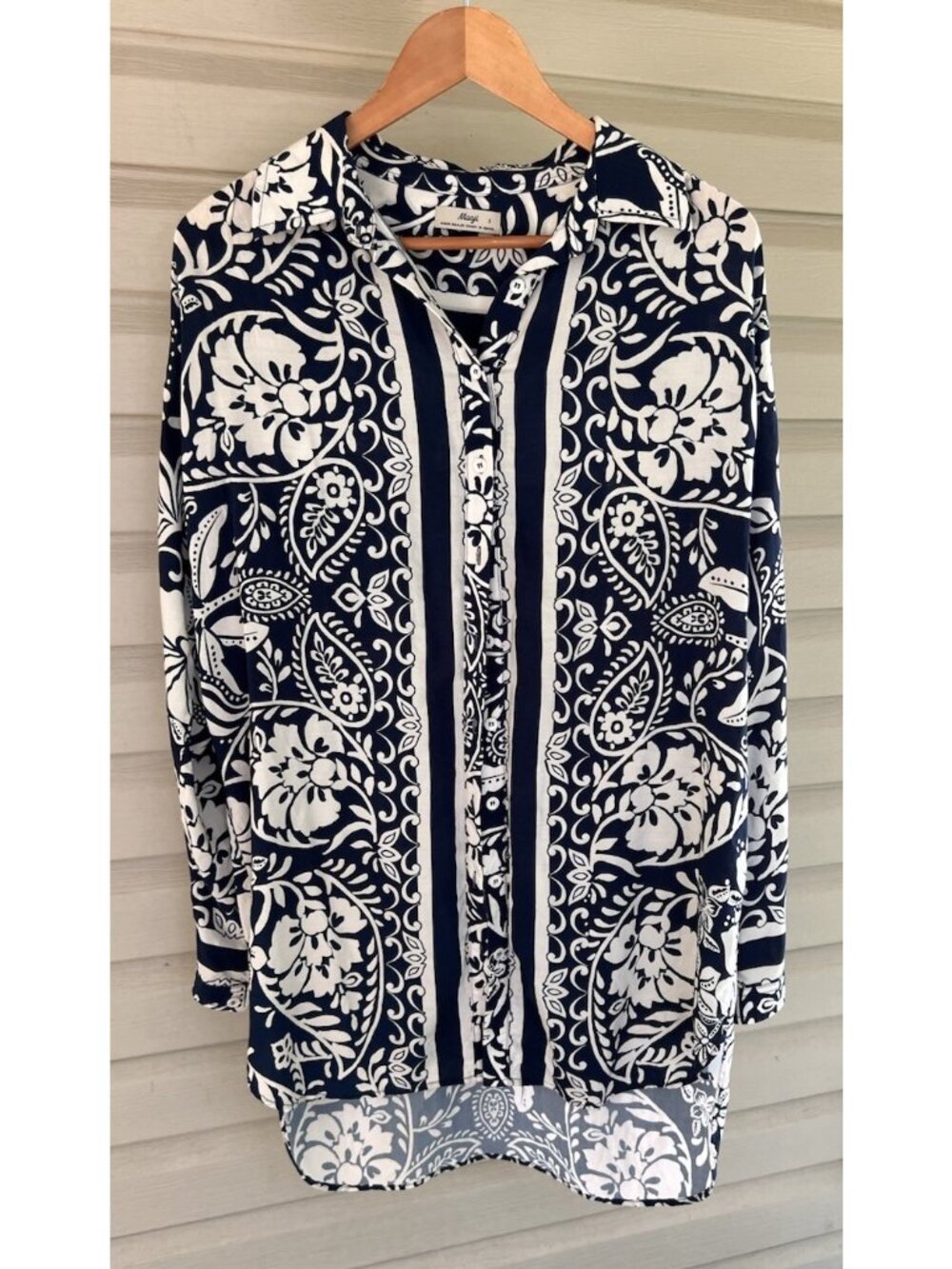 Maaji Blue Cream Floral Paisley Print Button Front Shirt Dress Cover Up Size S